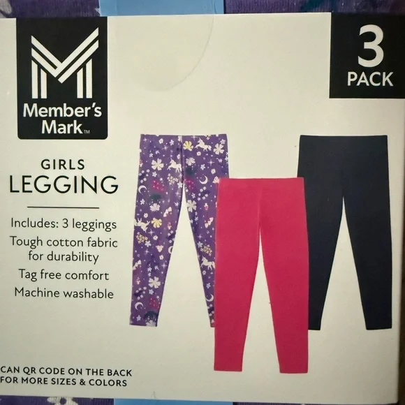 Member's Mark Girls' Purple Floral & Pink 3-Pack Leggings - Picture 3 of 4